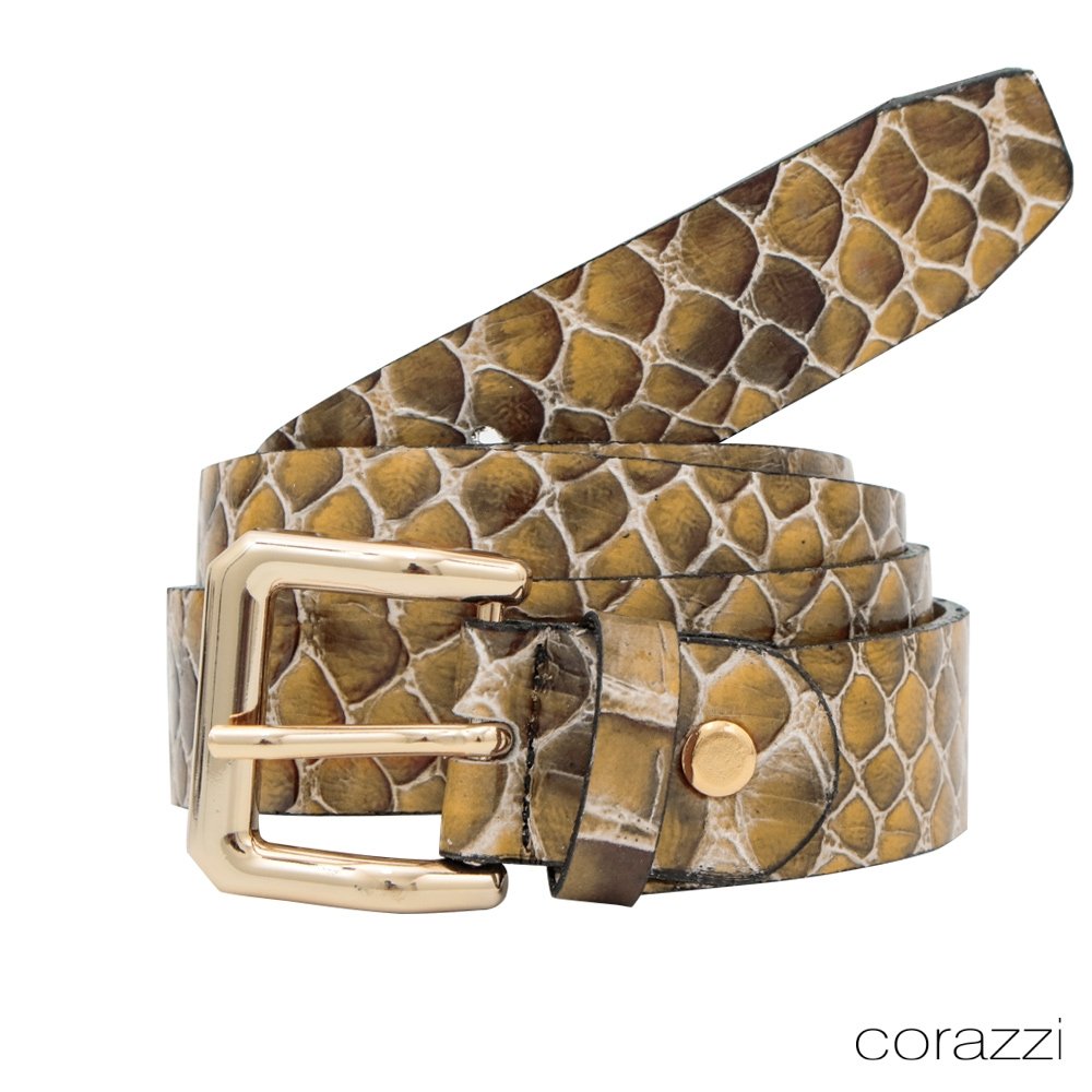 Cinto Corazzi Animal Print Snake Couro Verniz Amarelo